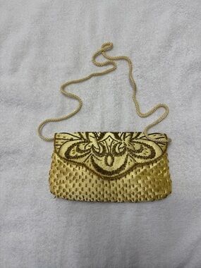 Vintage Magid Beaded Evening Bag Cream Satin Gold Bridal Clutch